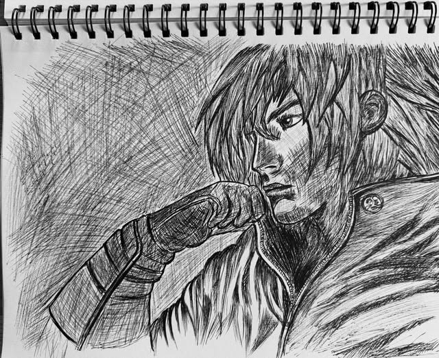 Crosshatched ink portrait of a contemplative character