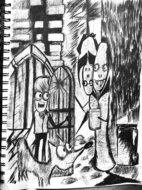 Ink drawing of strange grinning figures gathered outside a dark doorway