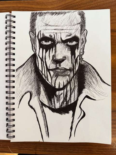 High-contrast ink portrait with black paint running from the eyes