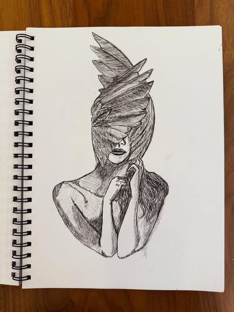 Ink drawing of a woman whose eyes are covered by a layered feathered form