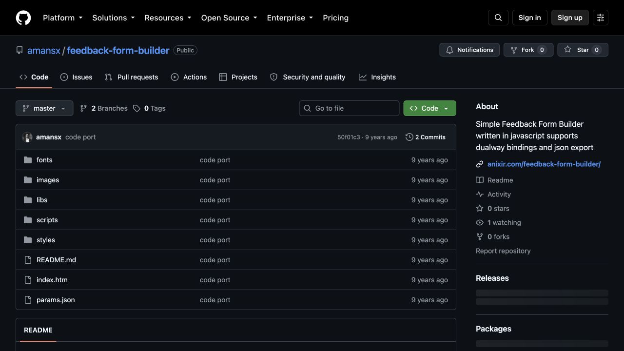 The Feedback Form Builder repository on GitHub