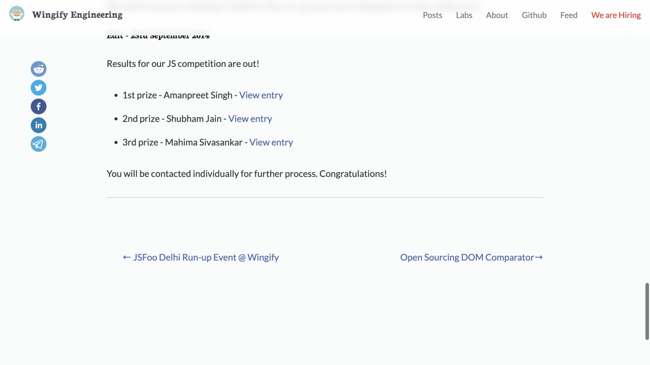 Wingify Engineering page announcing Amanpreet Singh as first-prize winner