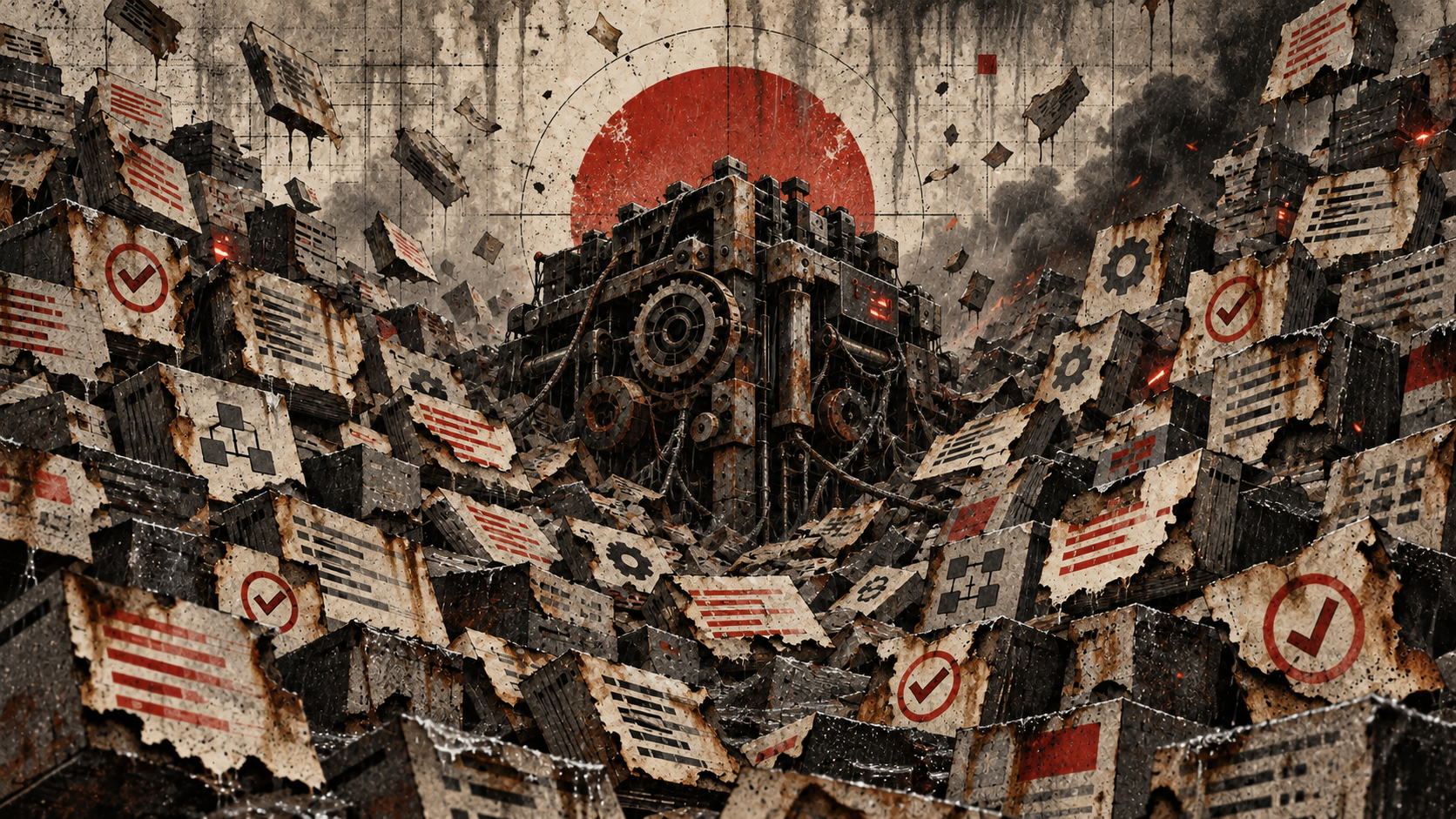 A corroded machine sinking beneath a flood of decaying software and process cards