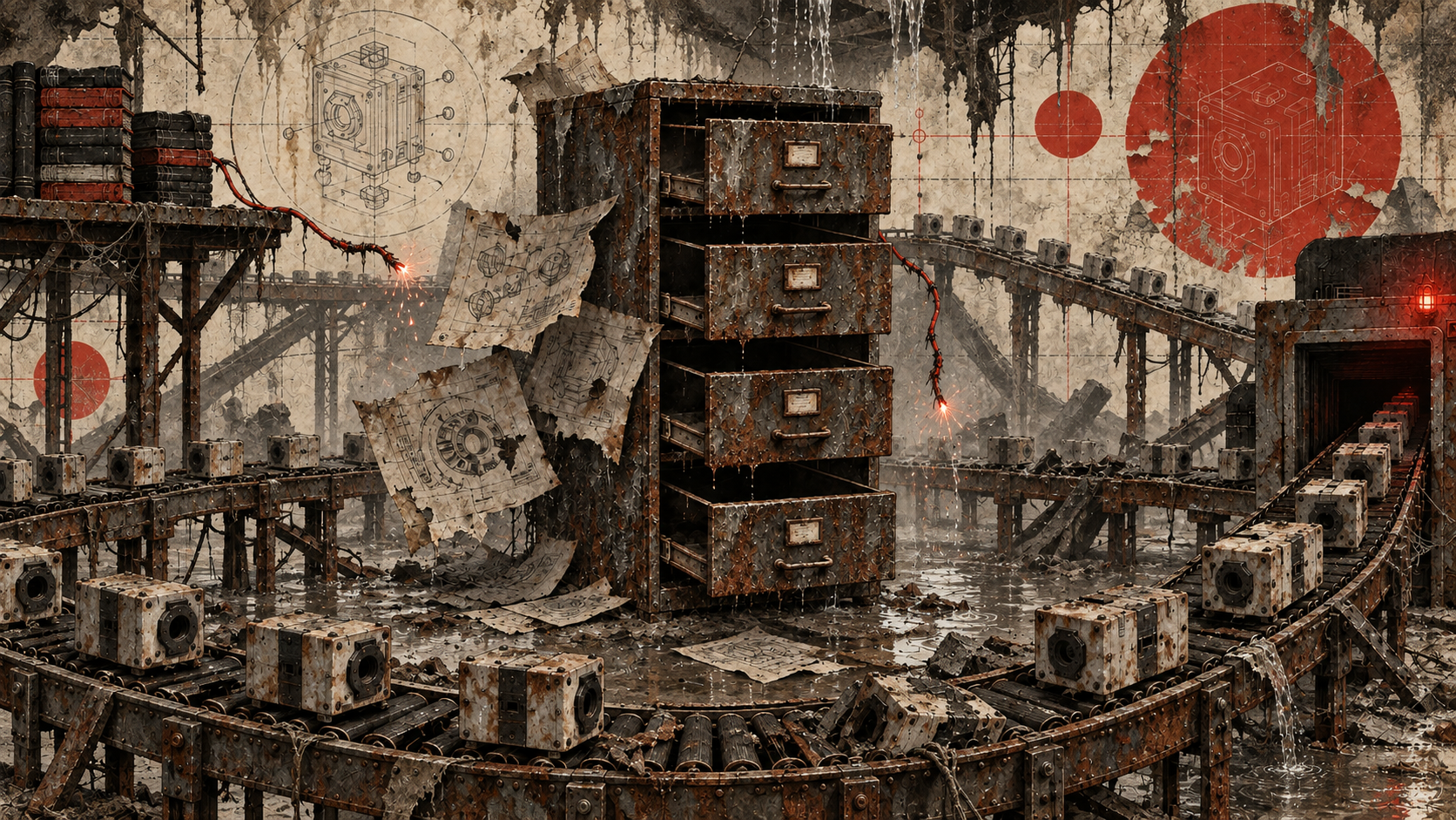 A rusted empty archive stands inside a flooded factory that continues producing identical modules