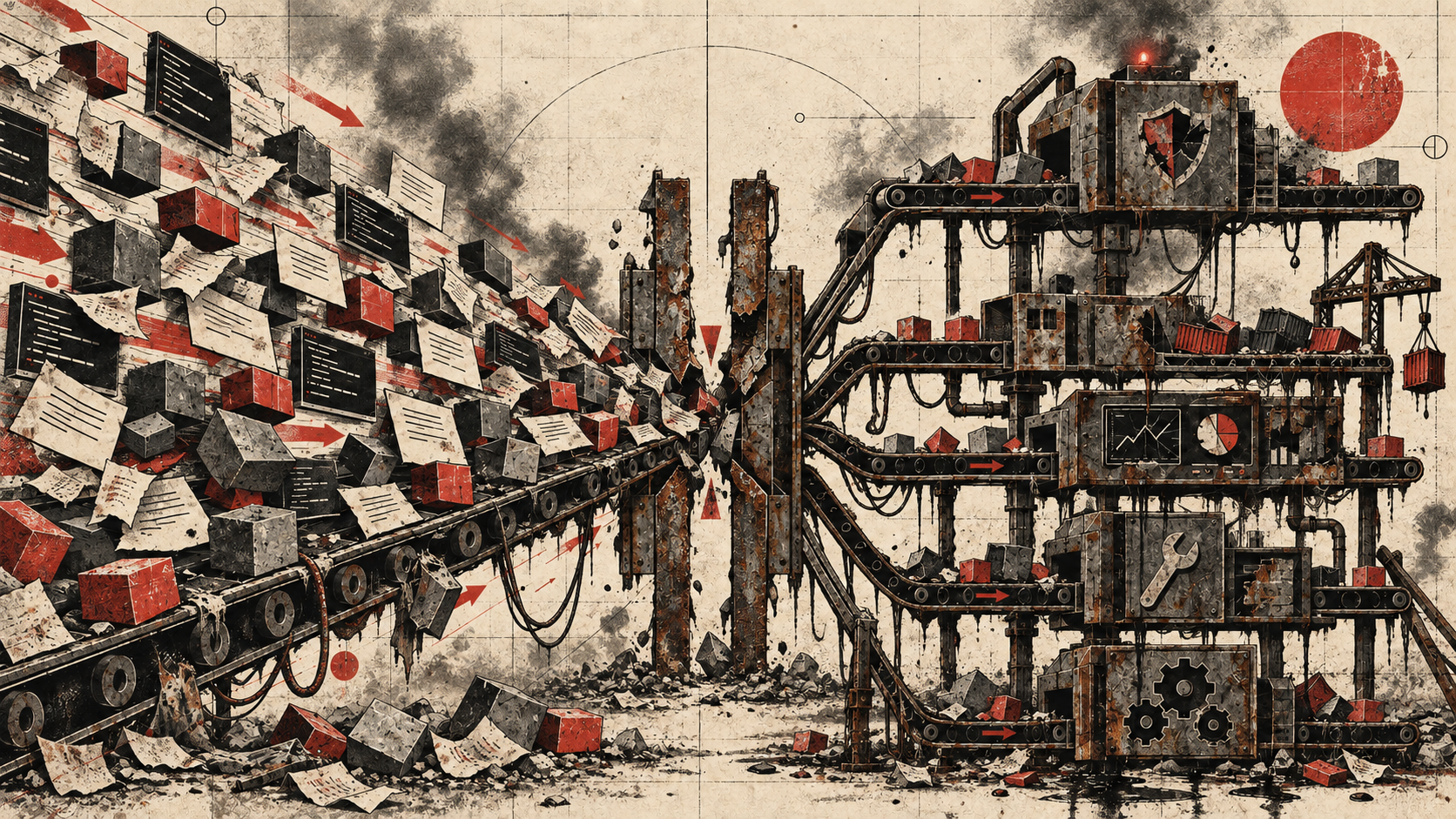 Generated software overwhelms a rusted review gate and collapsing operational machinery