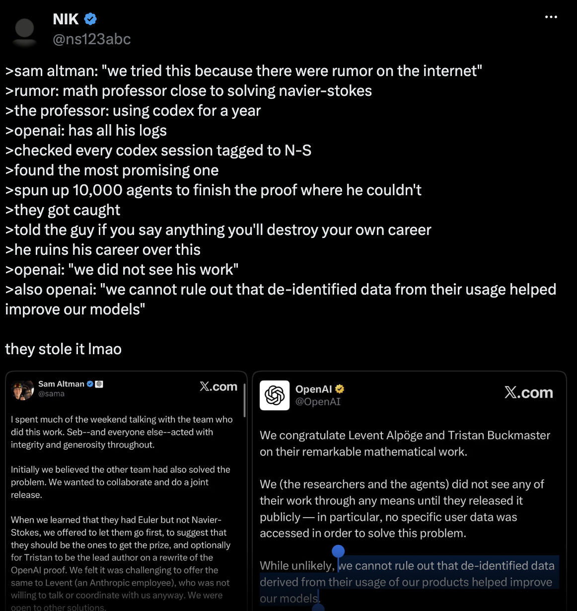 Screenshot of Nik's original X post alleging that OpenAI used private Codex research to complete the proof