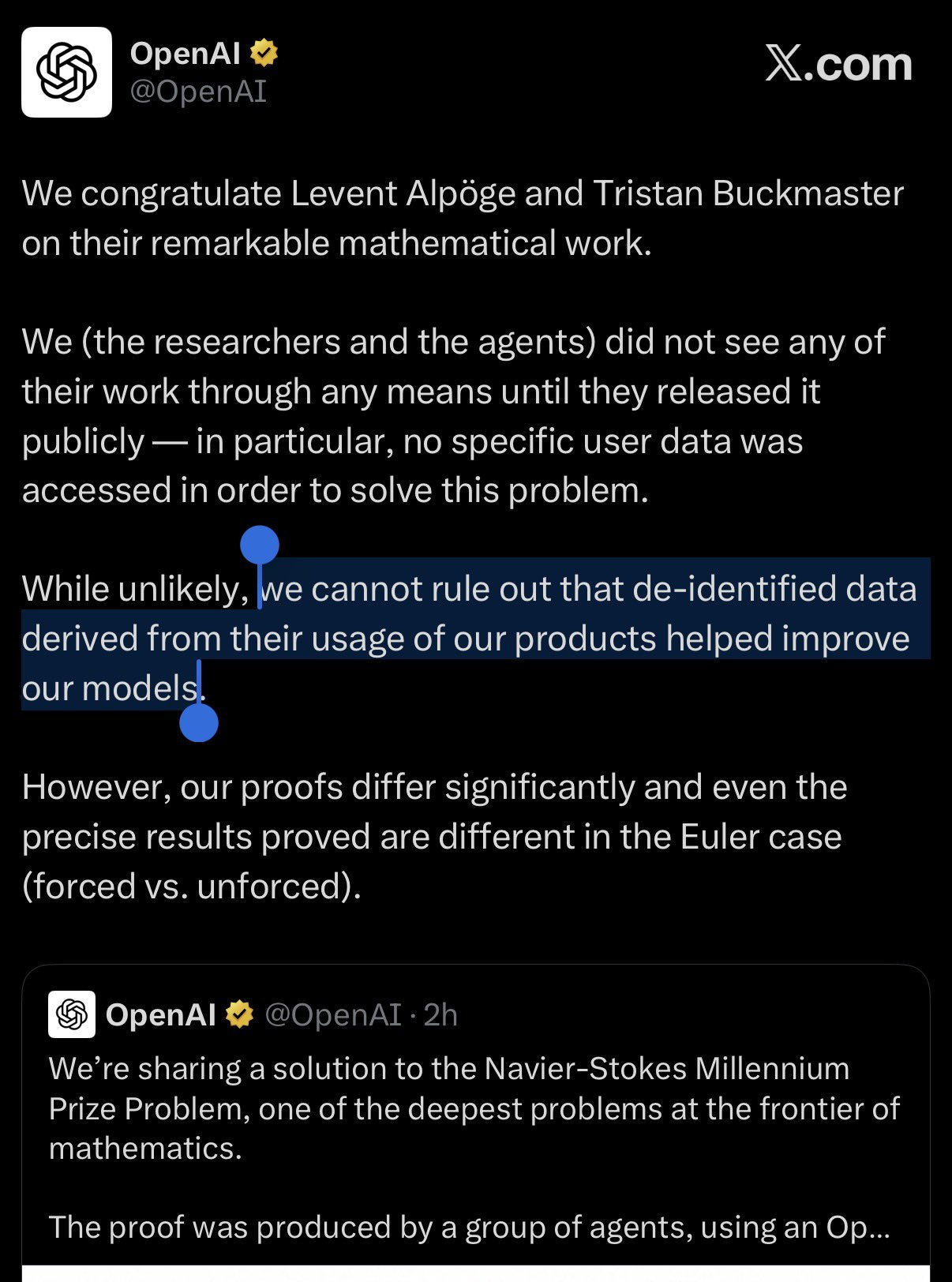 Screenshot attached to the X post showing OpenAI’s statement on data access