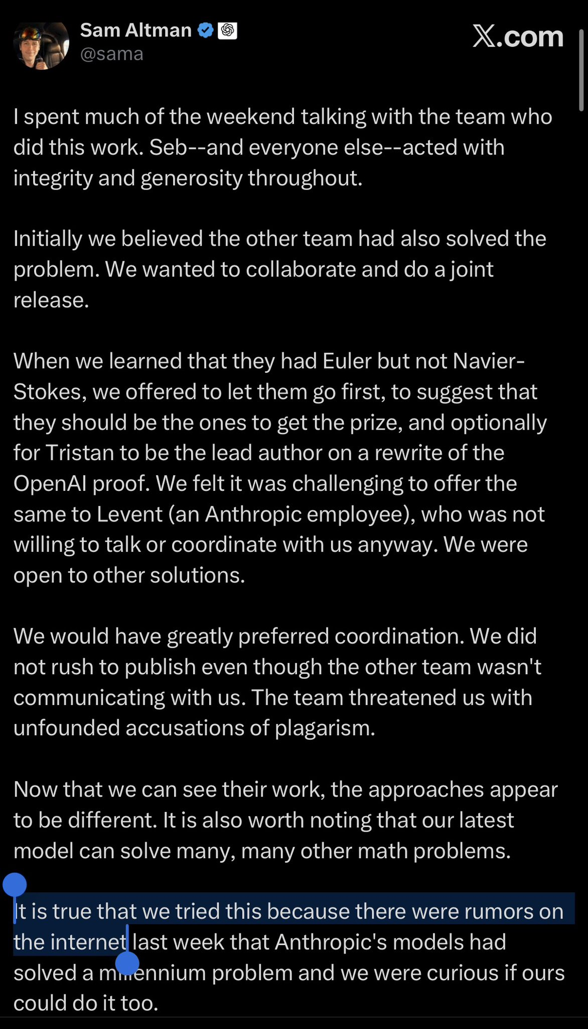 Screenshot attached to the X post showing Sam Altman’s response